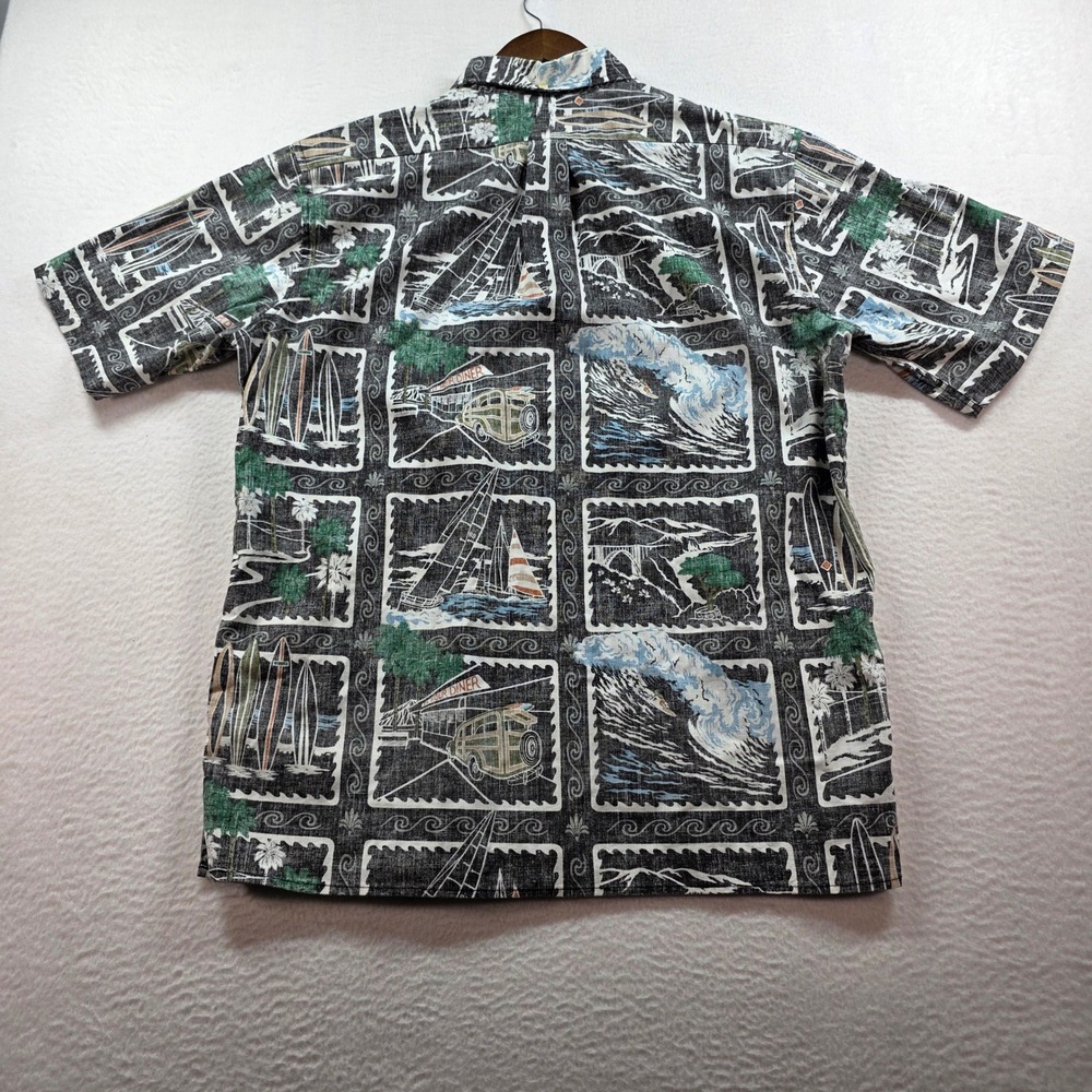 Reyn Spooner Mens L Black Reverse Print Stamp Surf Sailboat Button Down Shirt - Picture 2 of 8